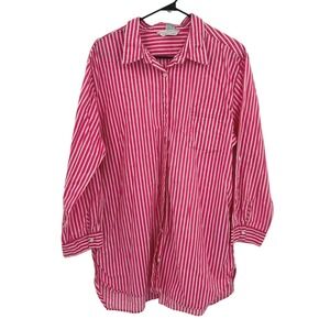 Pink Striped Oversized Button Down‎ Shirt Cotton L Long Sleeve Preppy Coastal